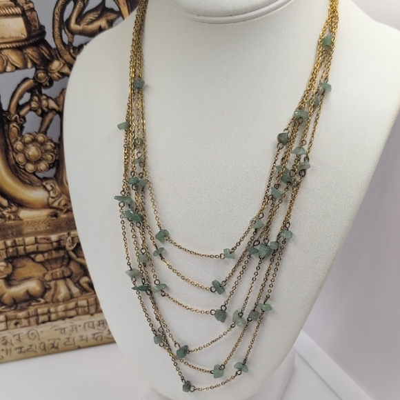 Gold and Jade Green Multi-Strand Necklace with Cascading Design - Picture 3 of 6